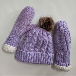 Purple cable knit Beanie with pom pom and mittens set